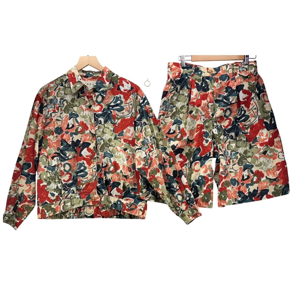 Vtg Jaeger Womens Size 12 Abstract Cotton Jacket Shorts Made in Great Britain